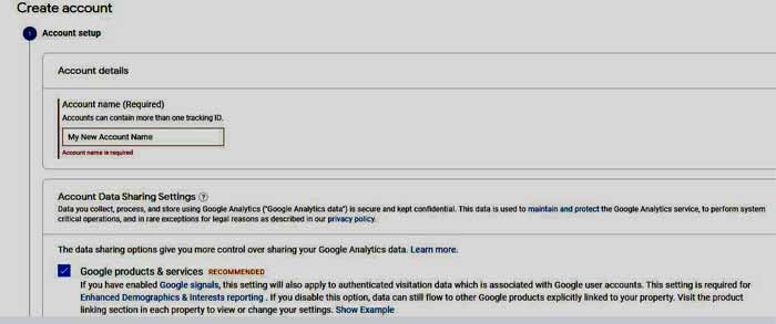 google Analytics create account